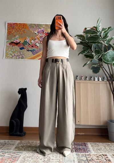Kemerli Diagonal Modal Pantolon Haki