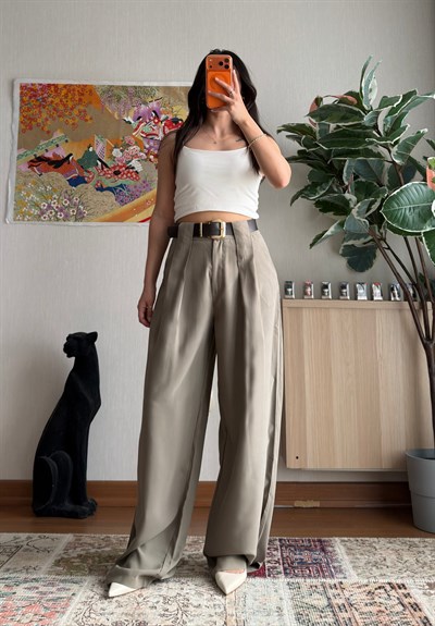 Kemerli Diagonal Modal Pantolon Haki