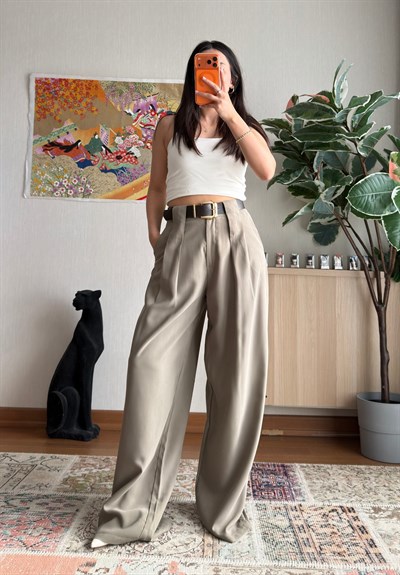 Kemerli Diagonal Modal Pantolon Haki