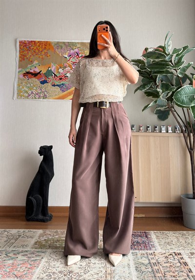 Kemerli Diagonal Modal Pantolon Kahve