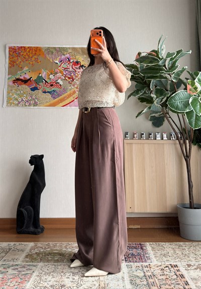 Kemerli Diagonal Modal Pantolon Kahve
