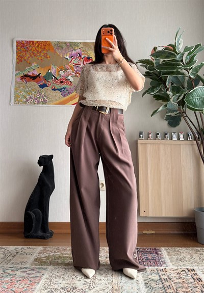 Kemerli Diagonal Modal Pantolon Kahve