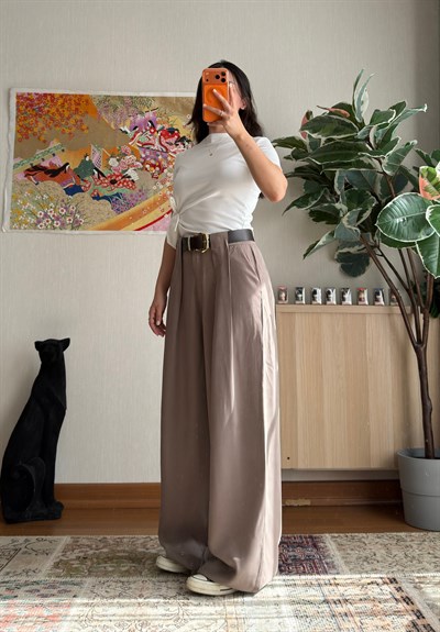 Kemerli Diagonal Modal Pantolon Vizon