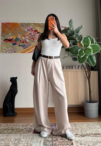 Kemerli Pinterest Modal Pantolon Taş