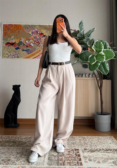 Kemerli Pinterest Modal Pantolon Taş