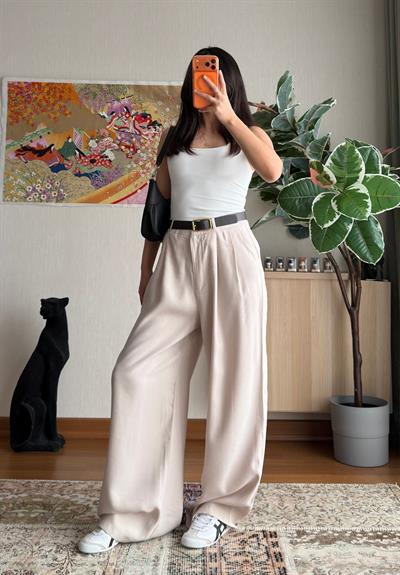 Kemerli Pinterest Modal Pantolon Taş