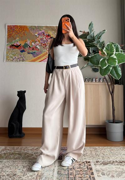 Kemerli Pinterest Modal Pantolon Taş