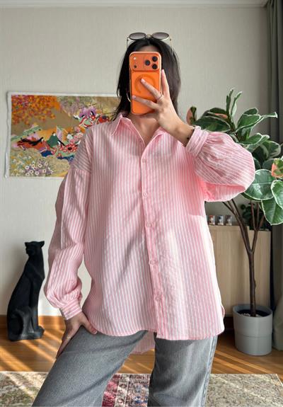 Kenta Çizgili Dokuma Gömlek Pembe