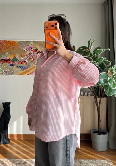 Kenta Çizgili Dokuma Gömlek Pembe