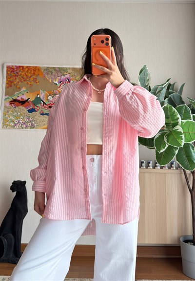 Kenta Çizgili Dokuma Gömlek Pembe