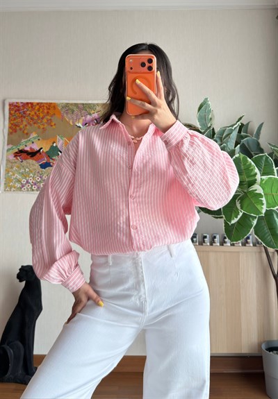 Kenta Çizgili Dokuma Gömlek Pembe