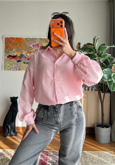 Kenta Çizgili Dokuma Gömlek Pembe