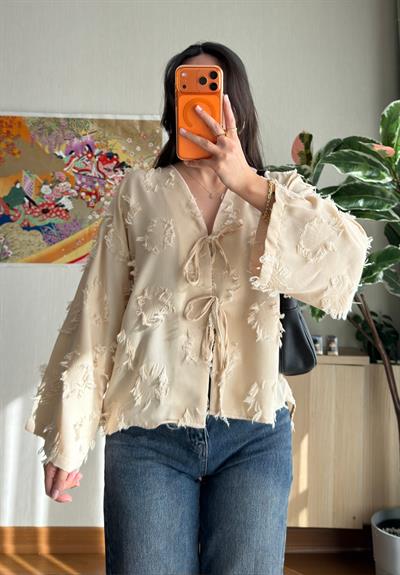 Kiku Püsküllü Bağlamalı Kimono Bej