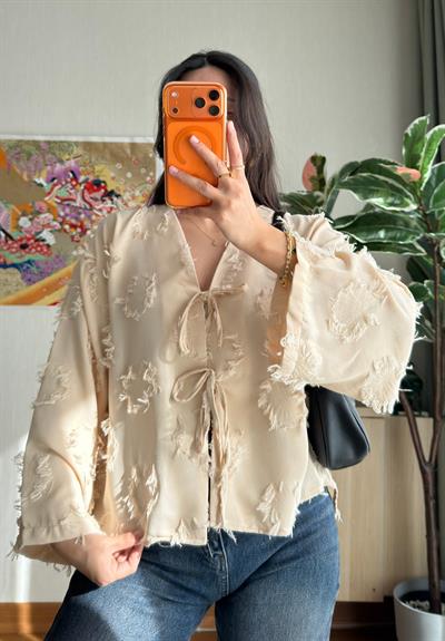 Kiku Püsküllü Bağlamalı Kimono Bej