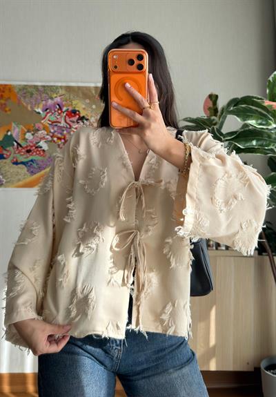 Kiku Püsküllü Bağlamalı Kimono Bej
