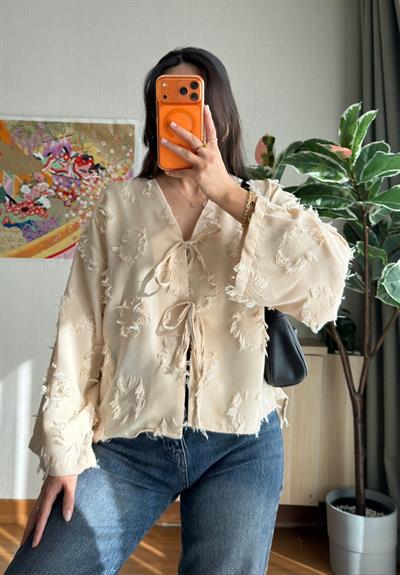 Kiku Püsküllü Bağlamalı Kimono Bej