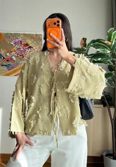 Kiku Püsküllü Bağlamalı Kimono Haki