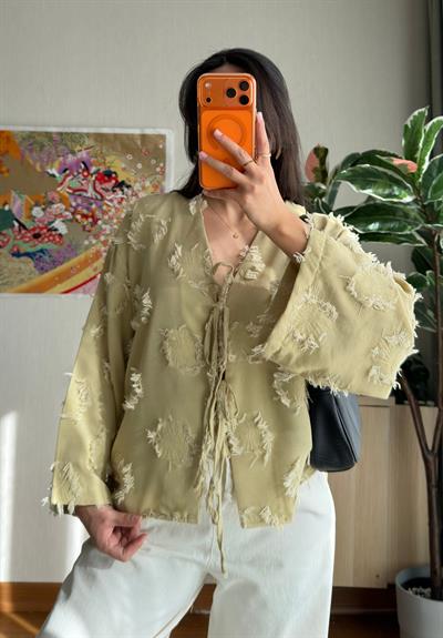 Kiku Püsküllü Bağlamalı Kimono Haki