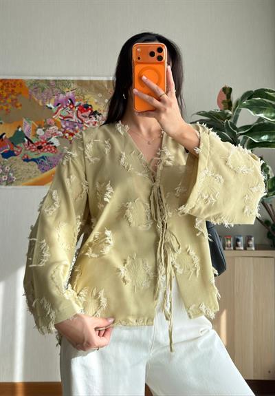 Kiku Püsküllü Bağlamalı Kimono Haki