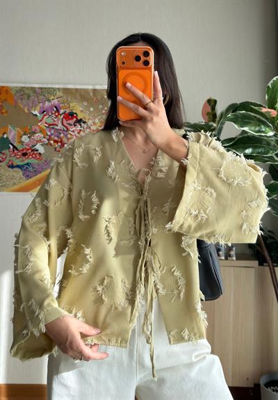 Kiku Püsküllü Bağlamalı Kimono Haki