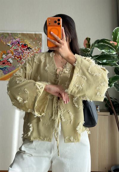 Kiku Püsküllü Bağlamalı Kimono Haki