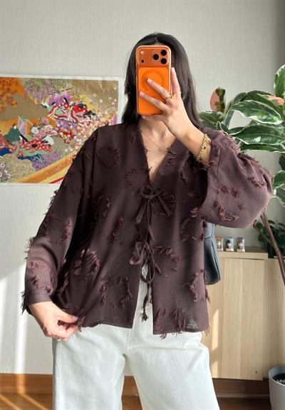 Kiku Püsküllü Bağlamalı Kimono Kahve