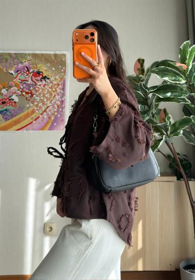 Kiku Püsküllü Bağlamalı Kimono Kahve
