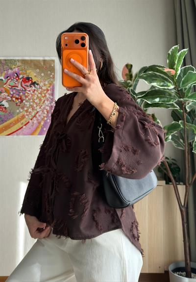 Kiku Püsküllü Bağlamalı Kimono Kahve