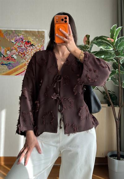 Kiku Püsküllü Bağlamalı Kimono Kahve