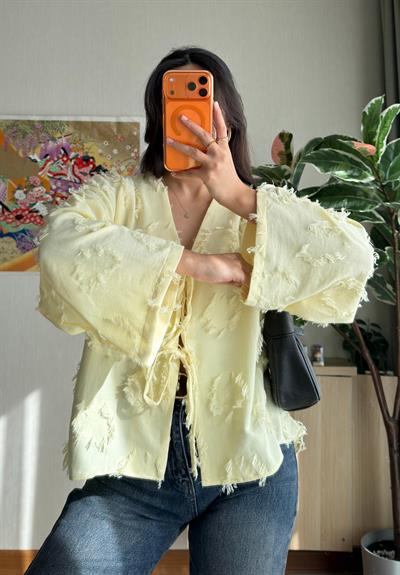 Kiku Püsküllü Bağlamalı Kimono Sarı