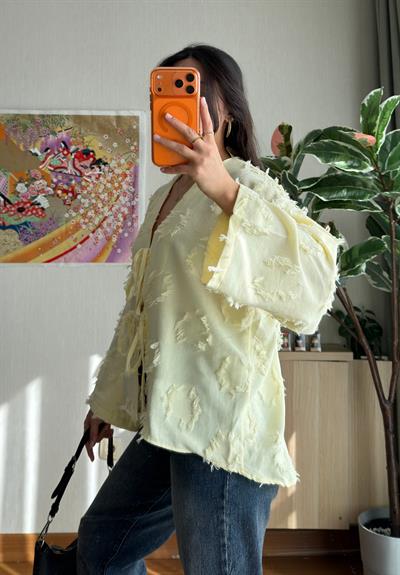 Kiku Püsküllü Bağlamalı Kimono Sarı