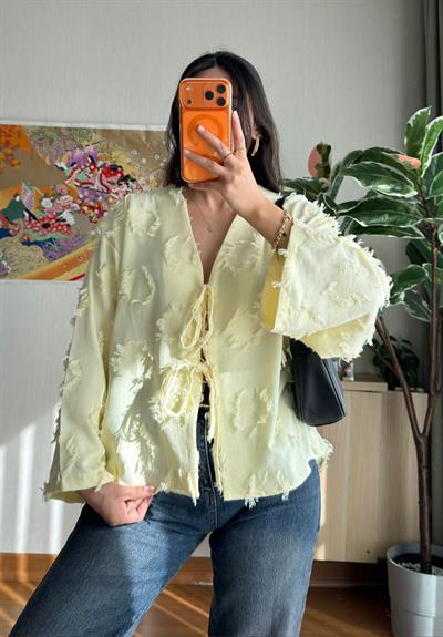Kiku Püsküllü Bağlamalı Kimono Sarı