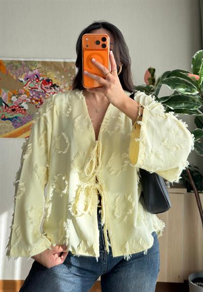 Kiku Püsküllü Bağlamalı Kimono Sarı