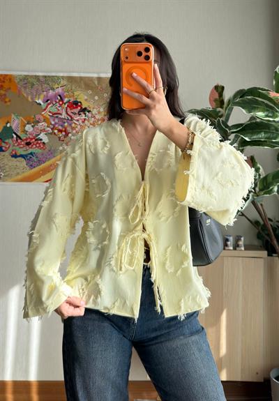 Kiku Püsküllü Bağlamalı Kimono Sarı