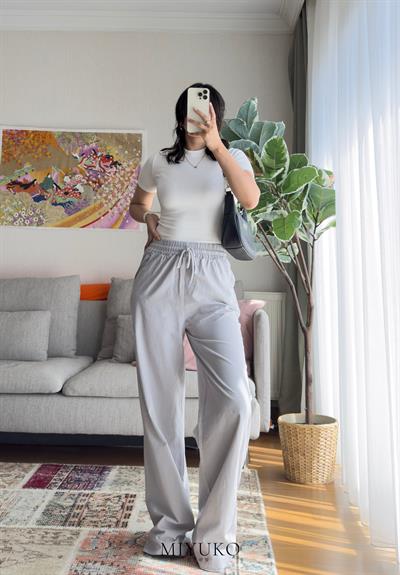Kogen Yüksek Bel Ham Keten Pantolon Gri