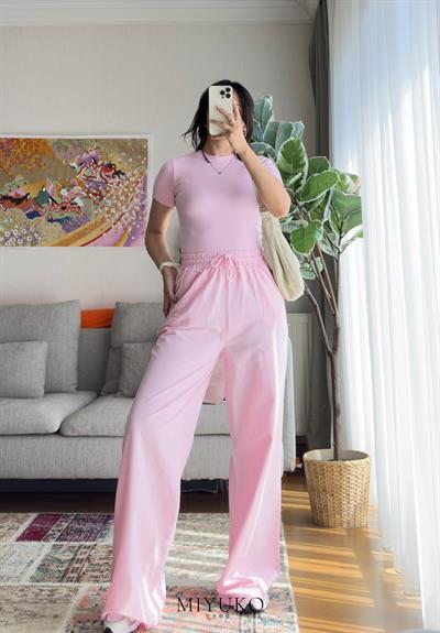 Kogen Yüksek Bel Ham Keten Pantolon Pembe