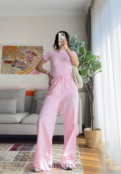 Kogen Yüksek Bel Ham Keten Pantolon Pembe