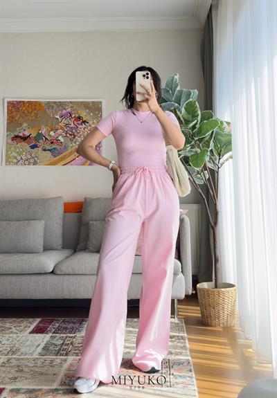 Kogen Yüksek Bel Ham Keten Pantolon Pembe