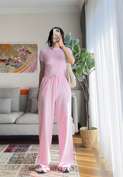 Kogen Yüksek Bel Ham Keten Pantolon Pembe
