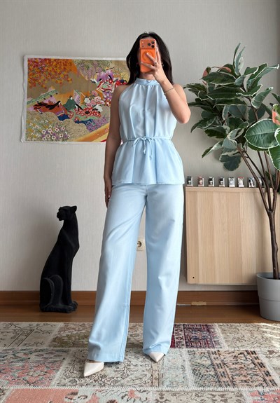 Kolsuz Büzgü Detaylı Keten Takım Mavi