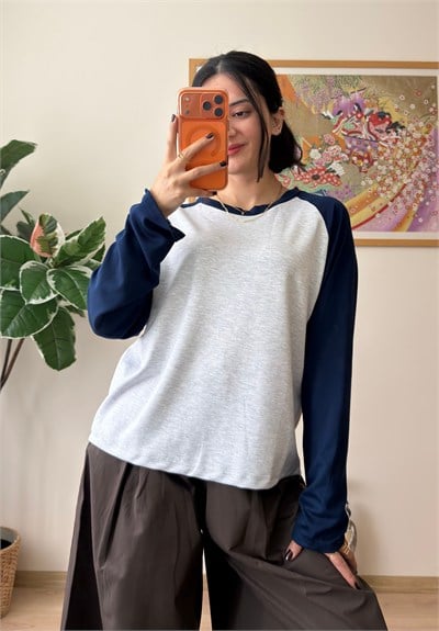 Kontrast Reglan Kol Bisiklet Yaka Sweatshirt Lacivert