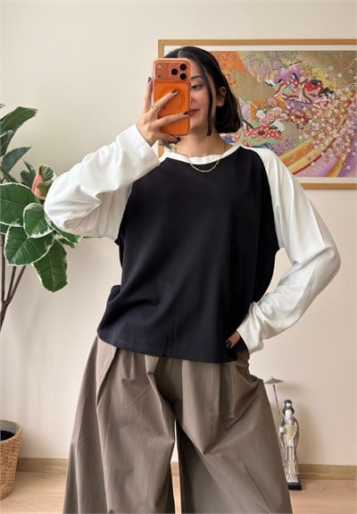 Kontrast Reglan Kol Bisiklet Yaka Sweatshirt Beyaz