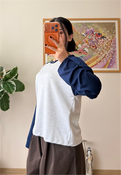 Kontrast Reglan Kol Bisiklet Yaka Sweatshirt Lacivert