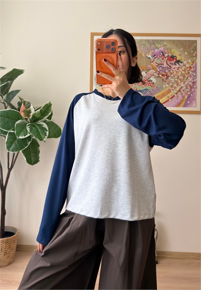 Kontrast Reglan Kol Bisiklet Yaka Sweatshirt Lacivert