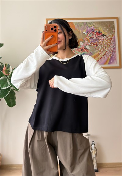 Kontrast Reglan Kol Bisiklet Yaka Sweatshirt Beyaz