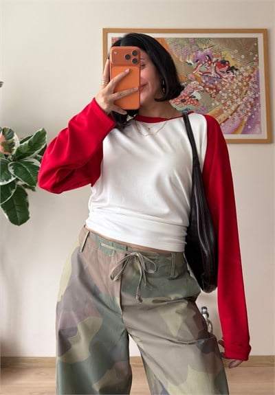 Kontrast Reglan Kol Bisiklet Yaka Sweatshirt Kırmızı