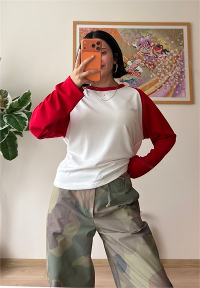 Kontrast Reglan Kol Bisiklet Yaka Sweatshirt Kırmızı