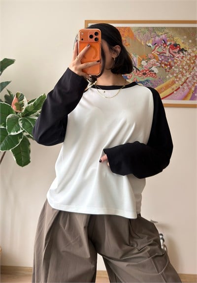 Kontrast Reglan Kol Bisiklet Yaka Sweatshirt Siyah