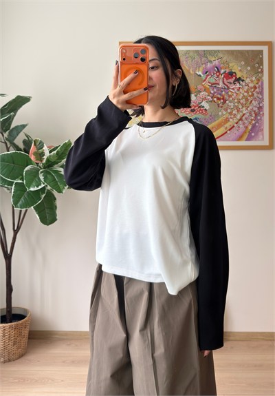 Kontrast Reglan Kol Bisiklet Yaka Sweatshirt Siyah