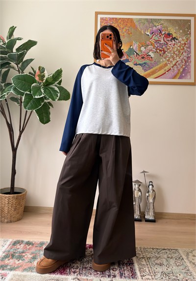 Kontrast Reglan Kol Bisiklet Yaka Sweatshirt Lacivert
